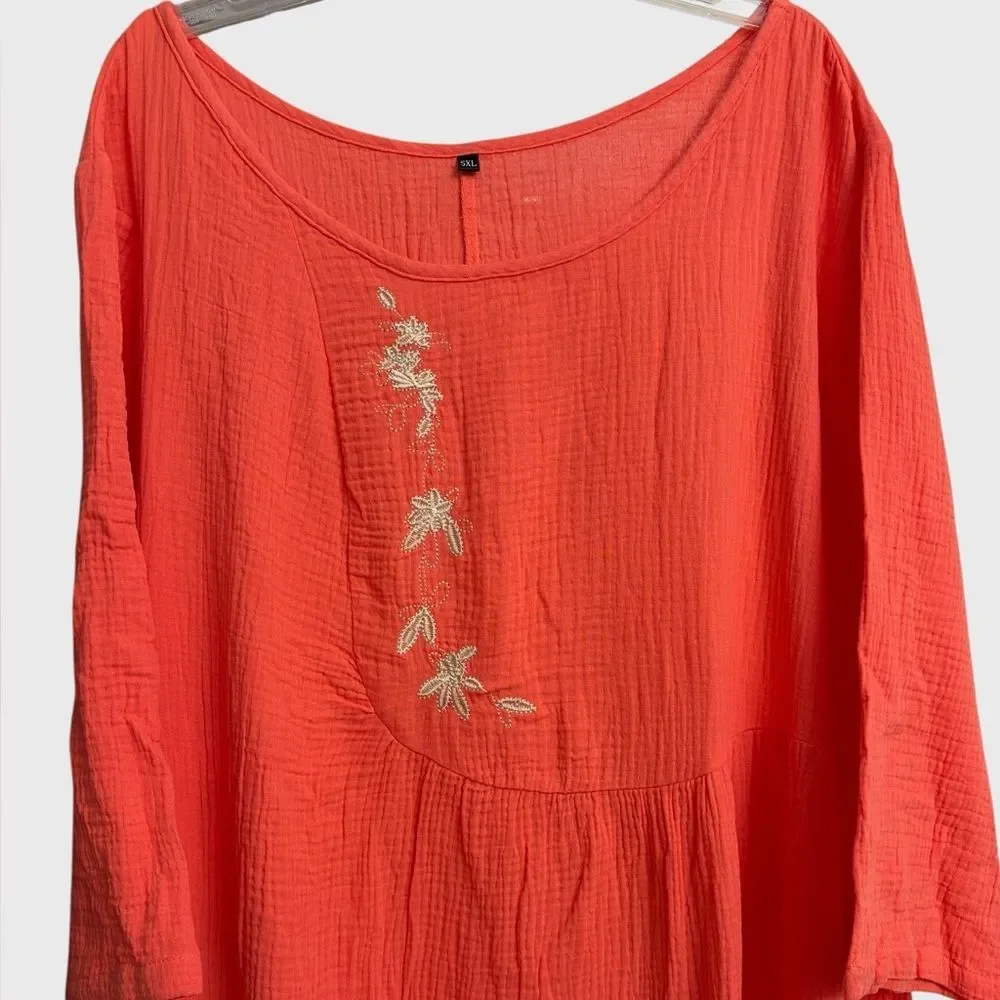 Women's Floral Embroidered Orange Gauze Midi Dress 5XL Crinkle Textured Summer